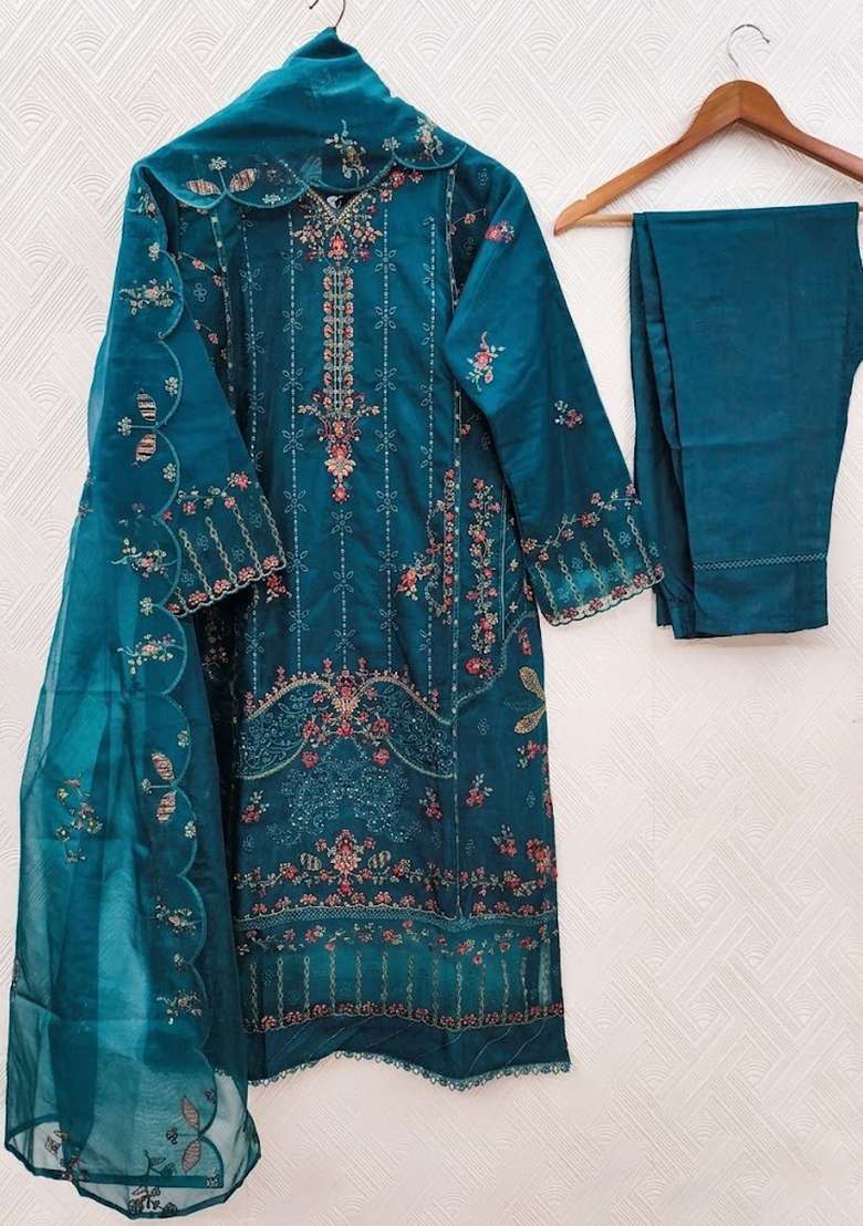 Teal Zari Work Silk Blend salwar suit - Indya