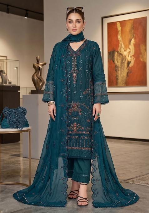 Teal Zari Work Silk salwar suit