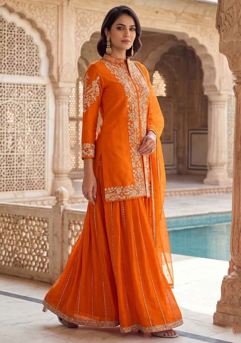 Orange Zari Work Silk Blend salwar suit - Indya