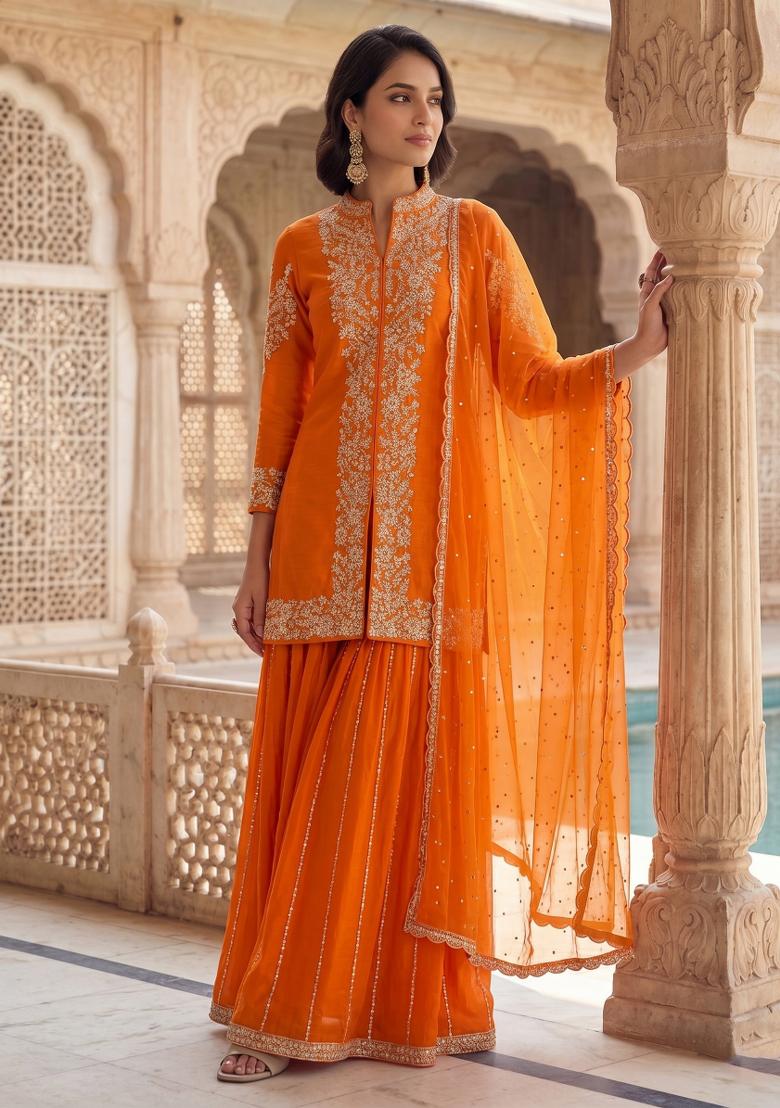 Orange Zari Work Silk Blend salwar suit - Indya