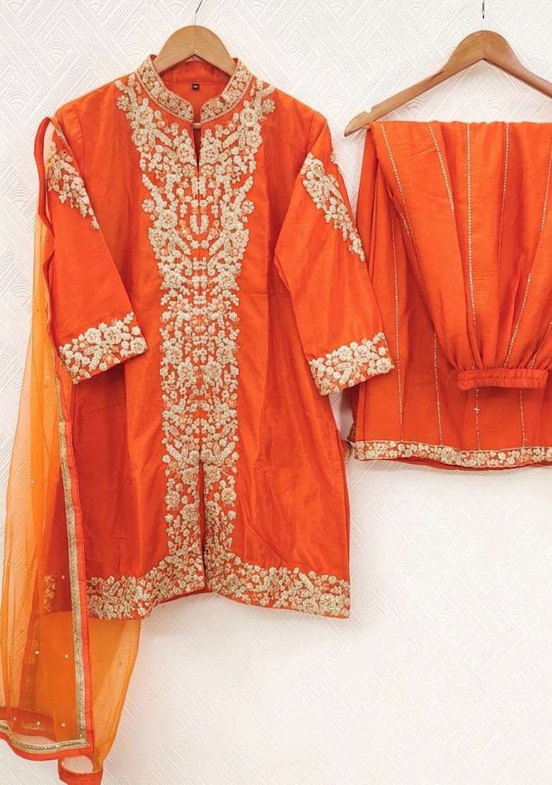 Orange Zari Work Silk Blend salwar suit - Indya