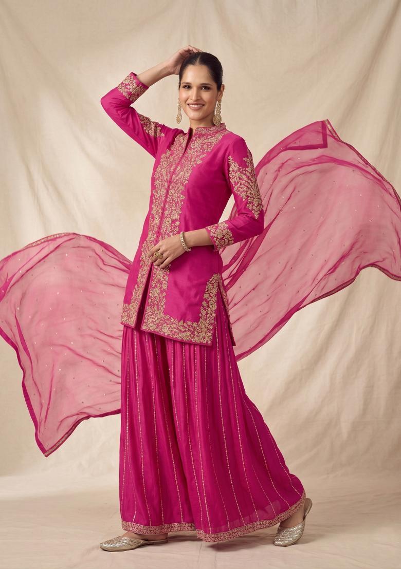 Pink Zari Work Silk Blend salwar suit - Indya