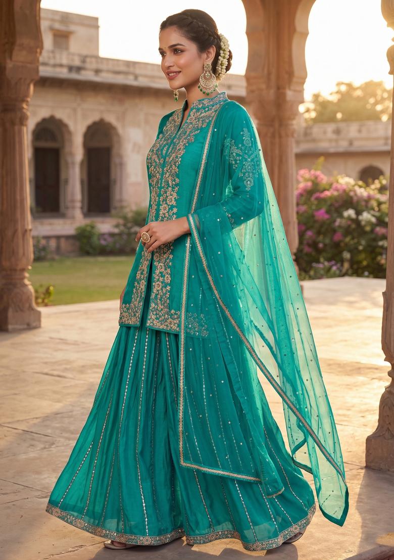Teal Zari Work Silk Blend salwar suit - Indya
