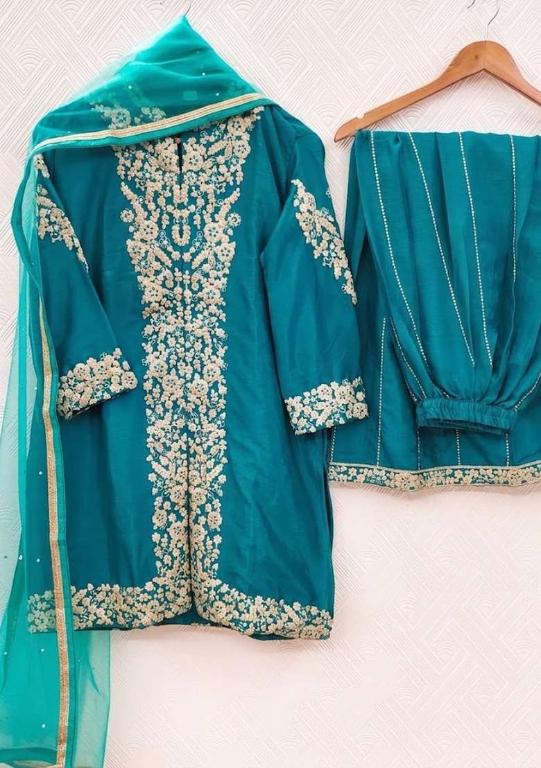 Teal Zari Work Silk Blend salwar suit - Indya