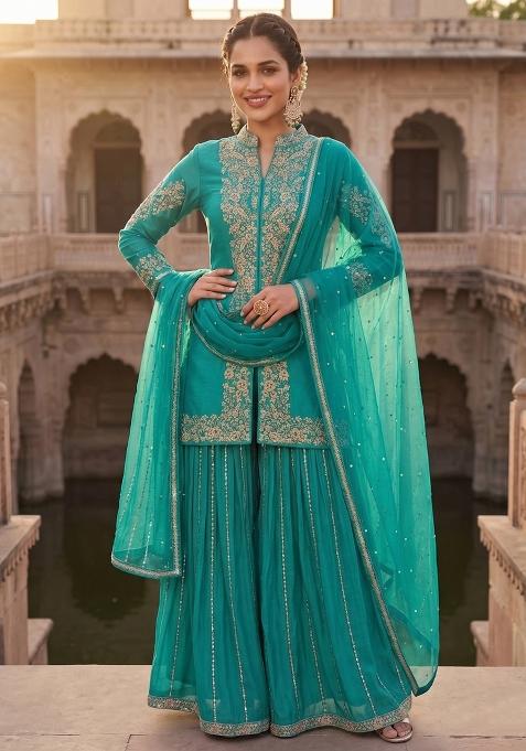 Teal Zari Work Silk salwar suit
