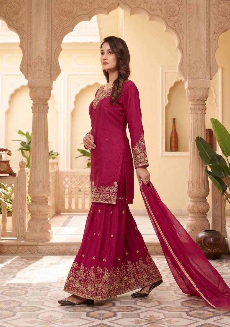 Pink Zari Work Silk Blend salwar suit - Indya