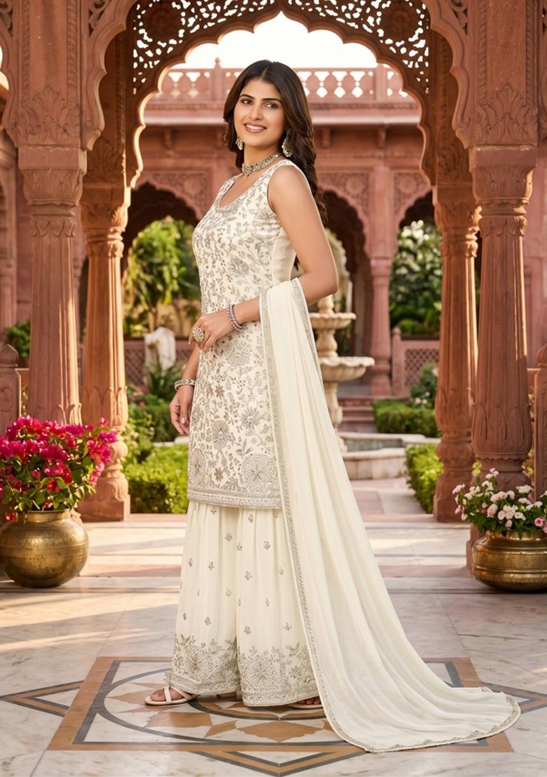White Zari Work georgette salwar suit - Indya