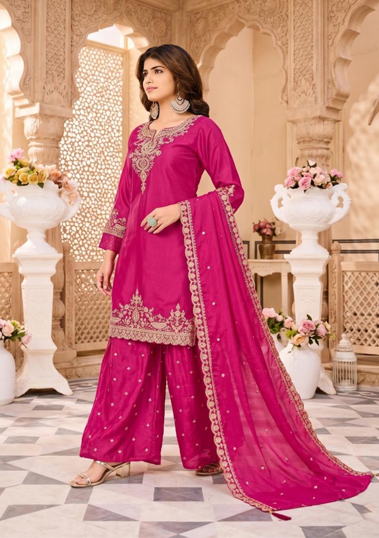 Pink Zari Work Silk Blend salwar suit - Indya