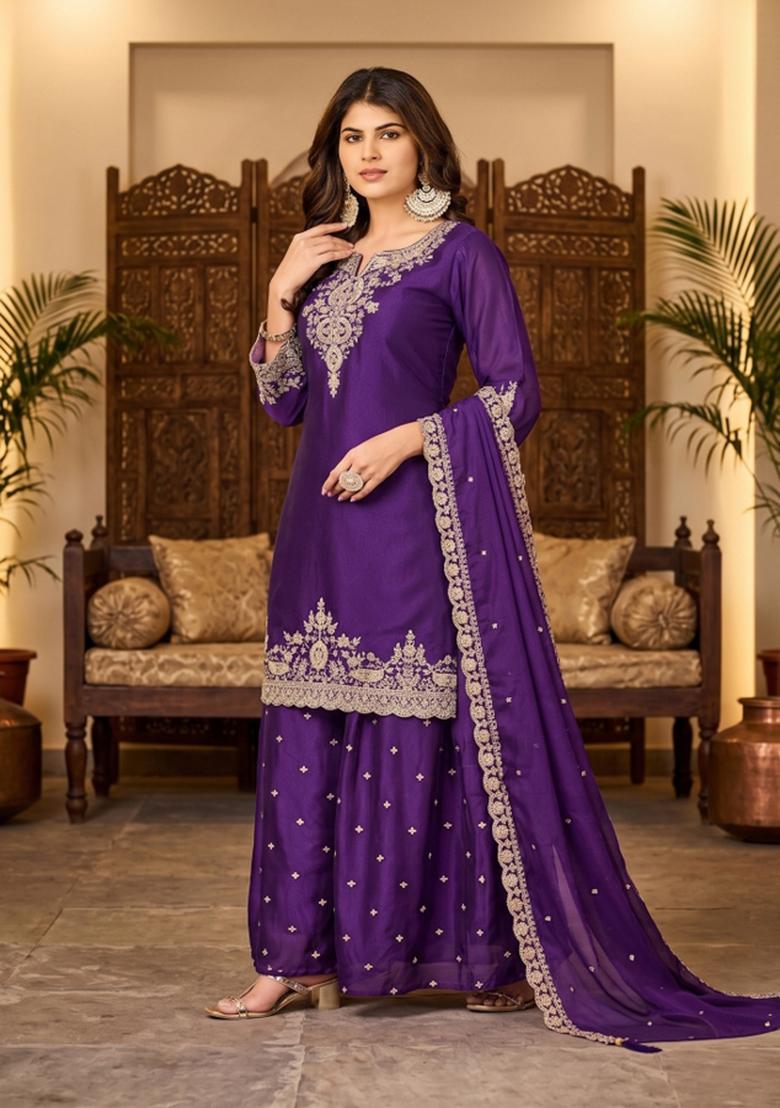 Purple Zari Work Silk Blend salwar suit - Indya