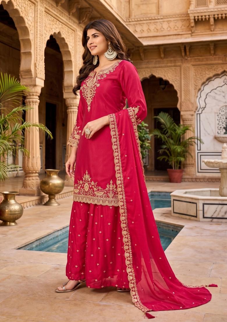 Red Zari Work Silk Blend salwar suit - Indya