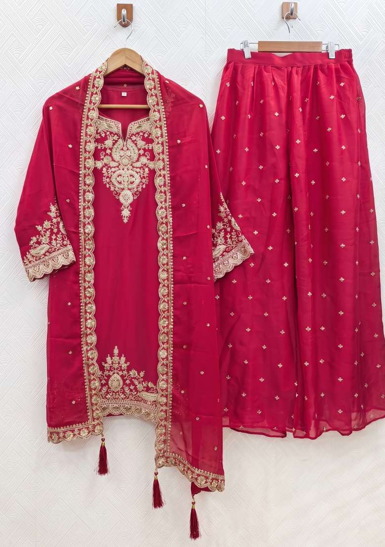 Red Zari Work Silk Blend salwar suit - Indya