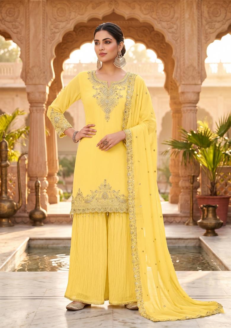 Yellow Zari Work georgette salwar suit - Indya