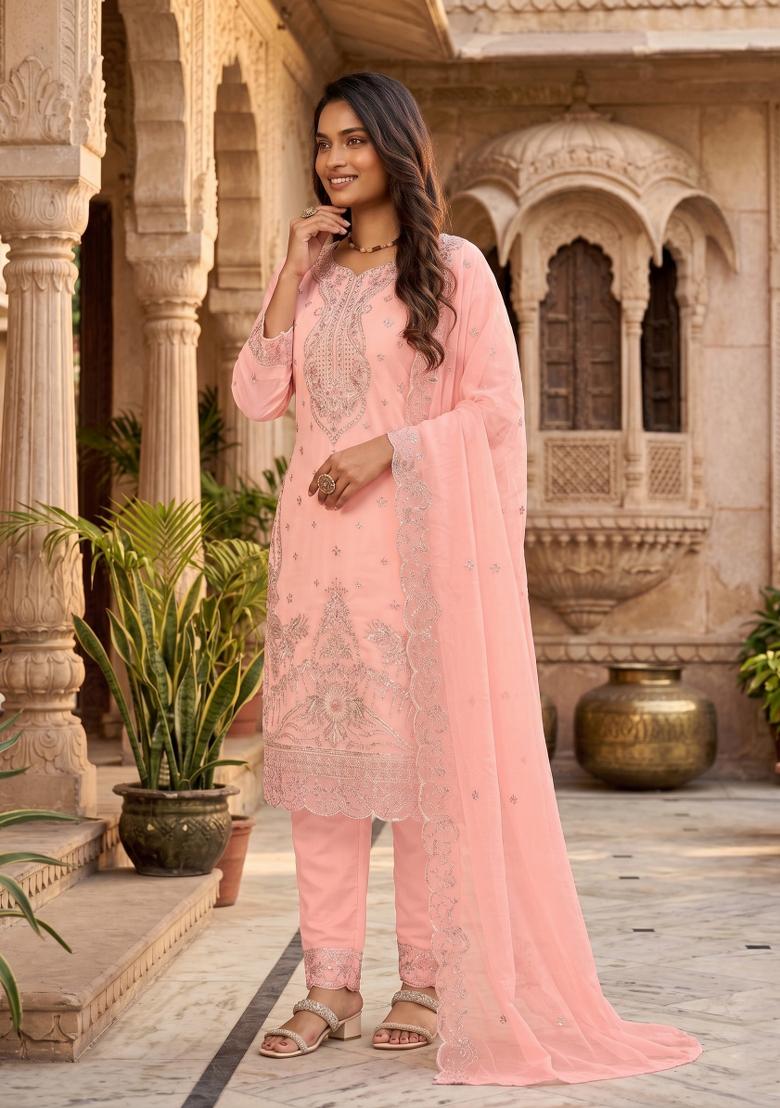 Pink Zari Work Silk Blend salwar suit - Indya