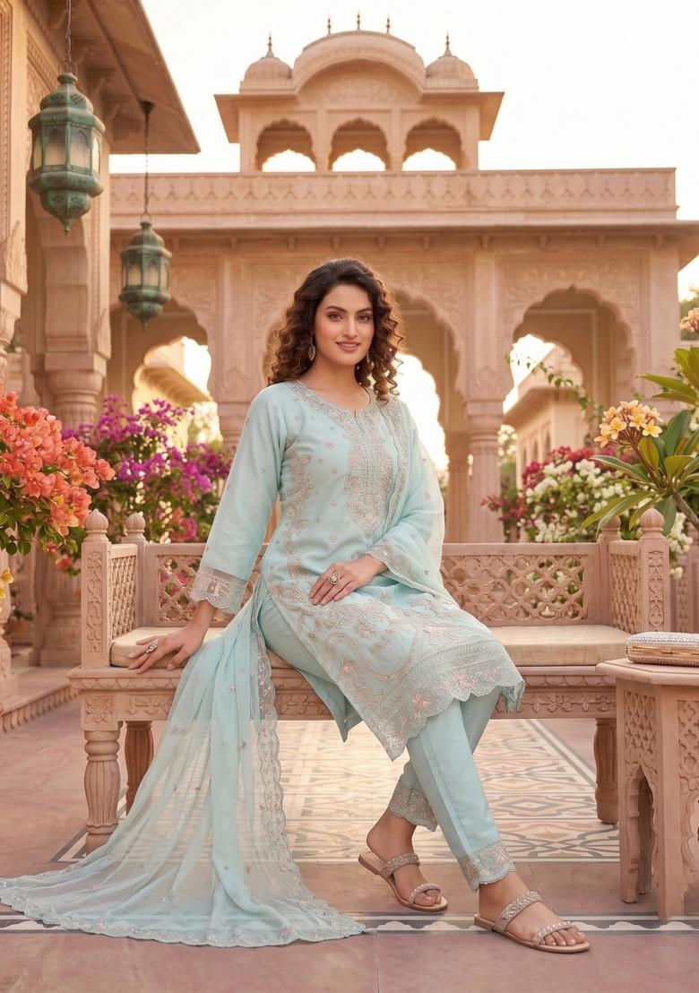 sky blue Zari Work Silk Blend salwar suit - Indya