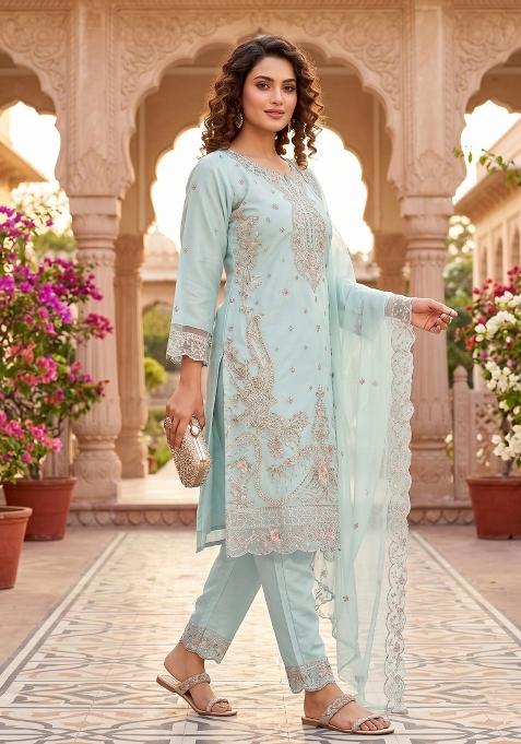 sky blue Zari Work Silk salwar suit