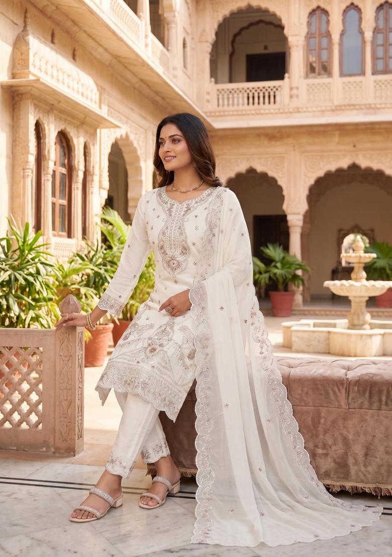 White Zari Work Silk Blend salwar suit - Indya