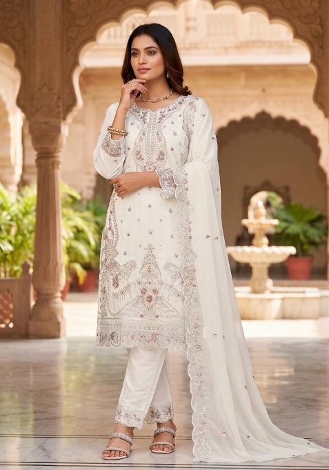 White Zari Work Silk salwar suit