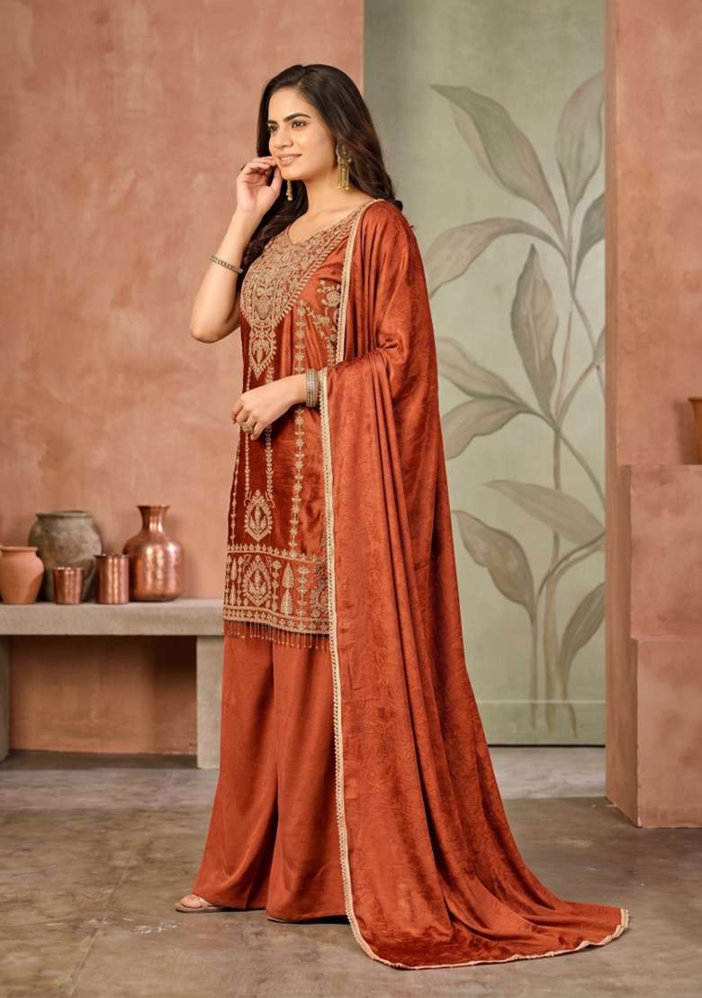 Orange Zari Work Silk Blend salwar suit - Indya