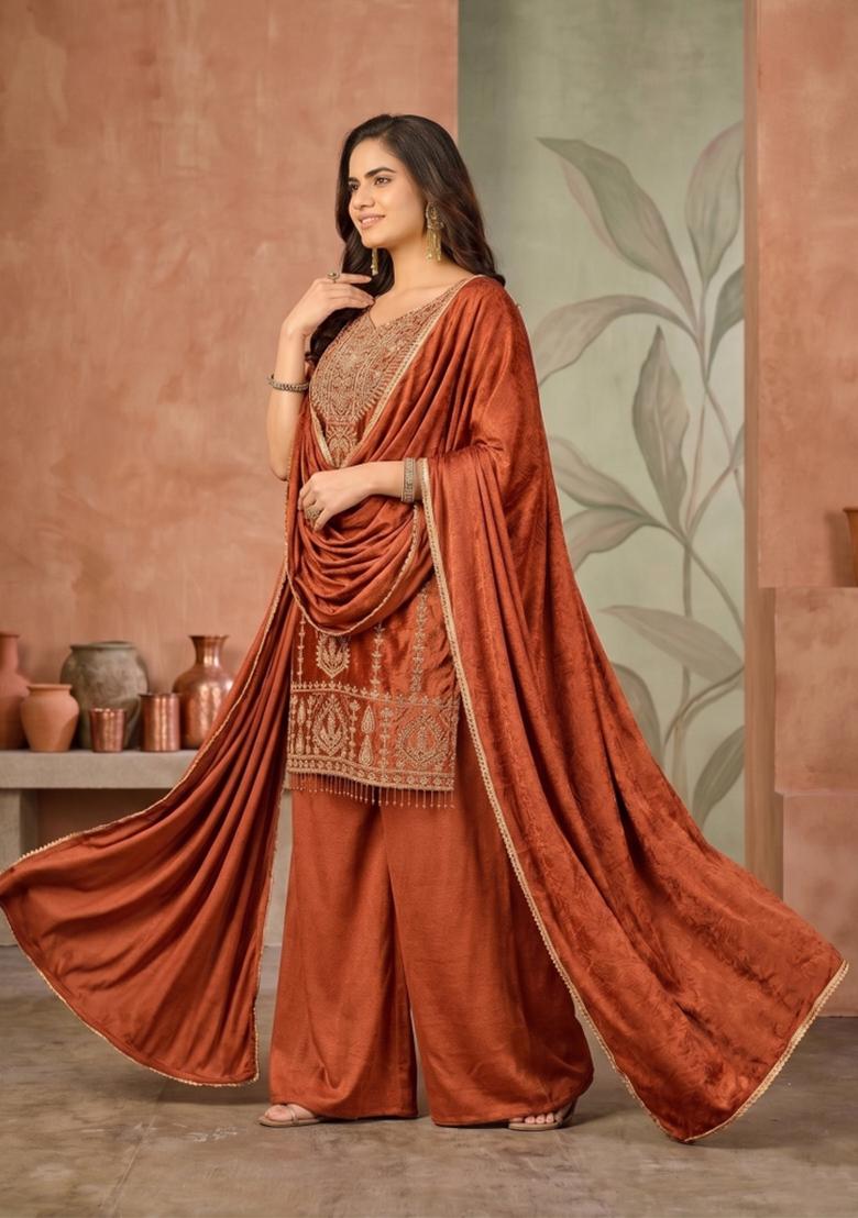 Orange Zari Work Silk Blend salwar suit - Indya