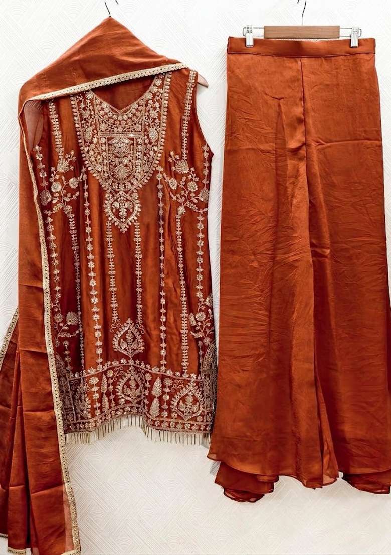 Orange Zari Work Silk Blend salwar suit - Indya