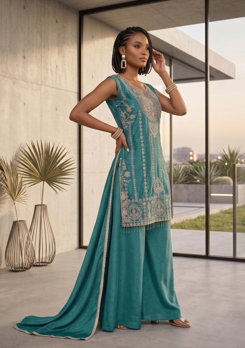 Teal Zari Work Silk Blend salwar suit - Indya