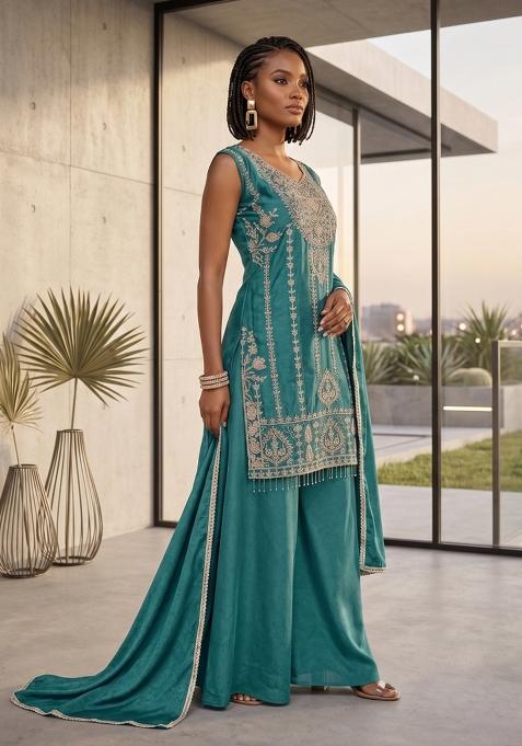 Teal Zari Work Silk salwar suit