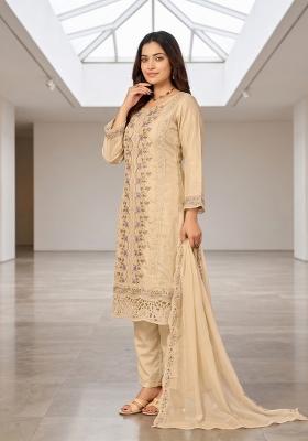 Beige Zari Work Silk Blend salwar suit