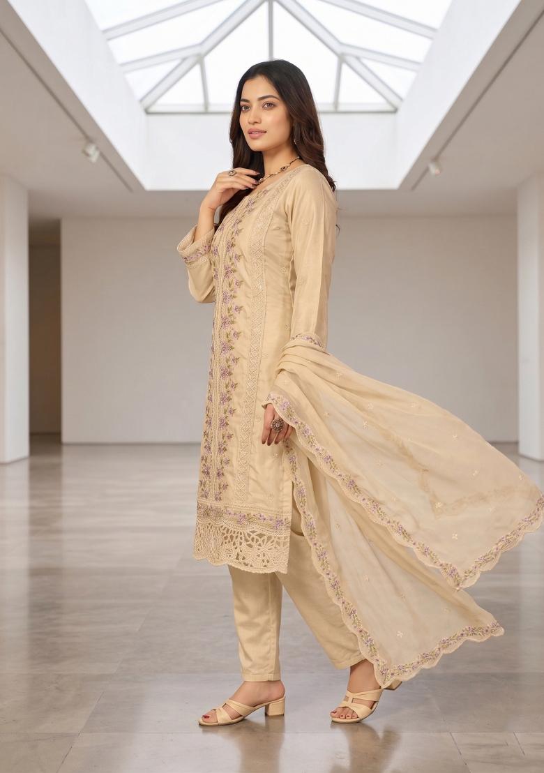 Beige Zari Work Silk Blend salwar suit - Indya