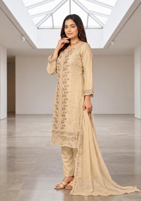 Beige Zari Work Silk salwar suit