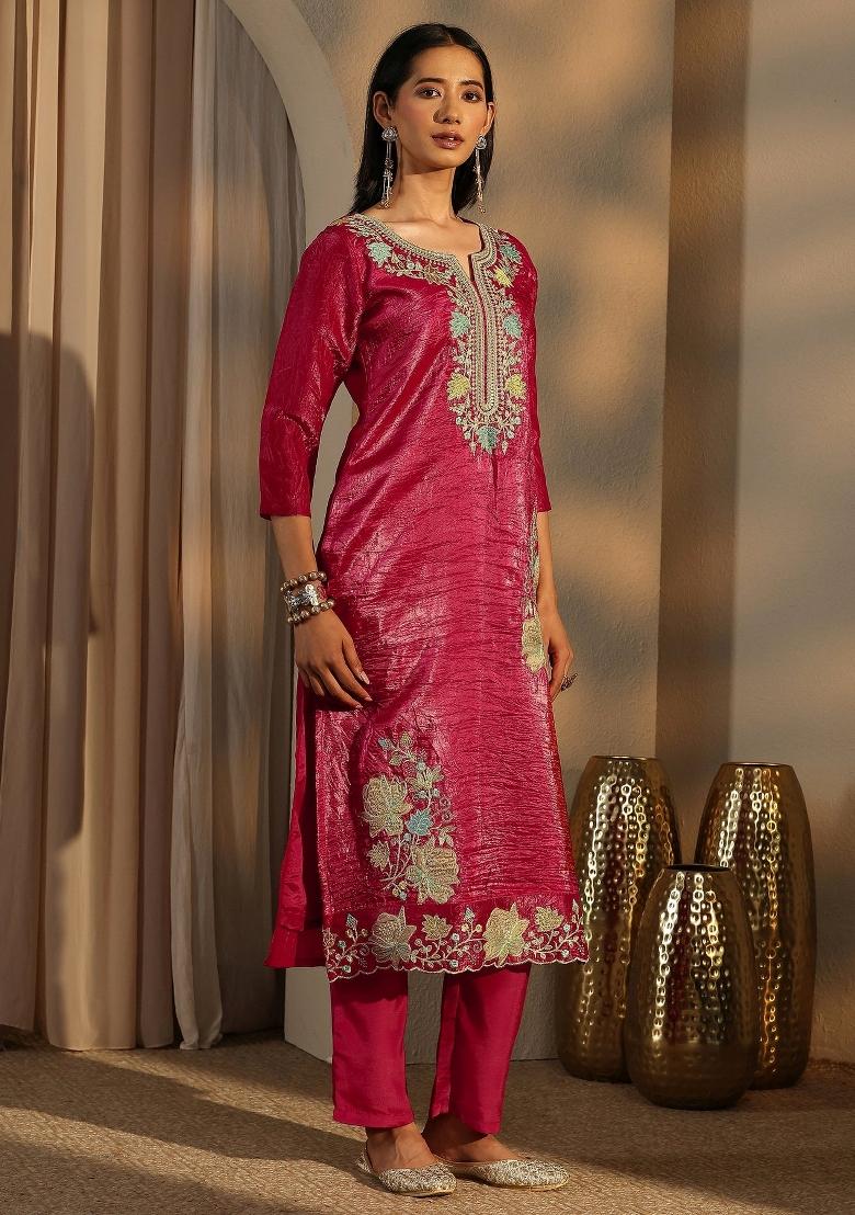 Rani Zari Work Barasana Silk Blend Salwar Suit - Indya