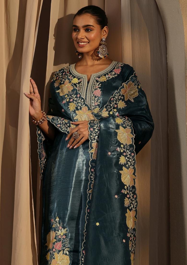 Teal Zari Work Barasana Silk Blend Salwar Suit - Indya