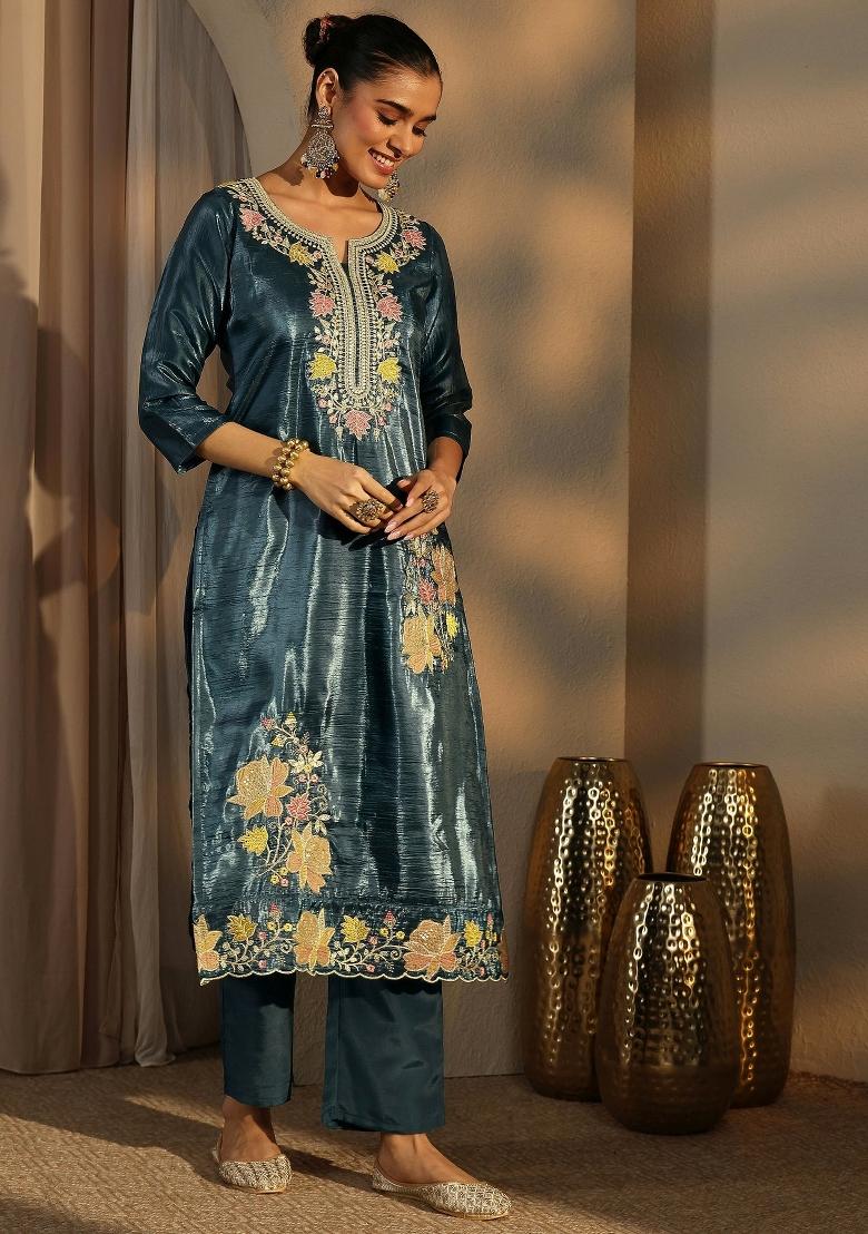 Teal Zari Work Barasana Silk Blend Salwar Suit - Indya