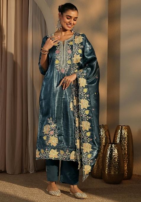 Teal Zari Work Barasana Silk Salwar Suit