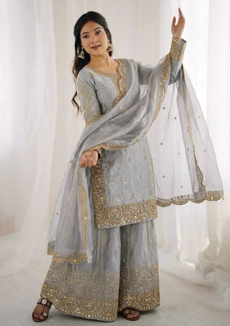 grey Zari Work Fendy Silk Blend Salwar Suit - Indya