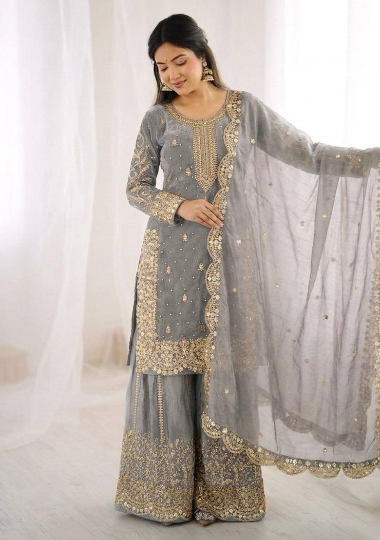 grey Zari Work Fendy Silk Blend Salwar Suit - Indya