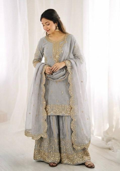 grey Zari Work Fendy Silk Salwar Suit