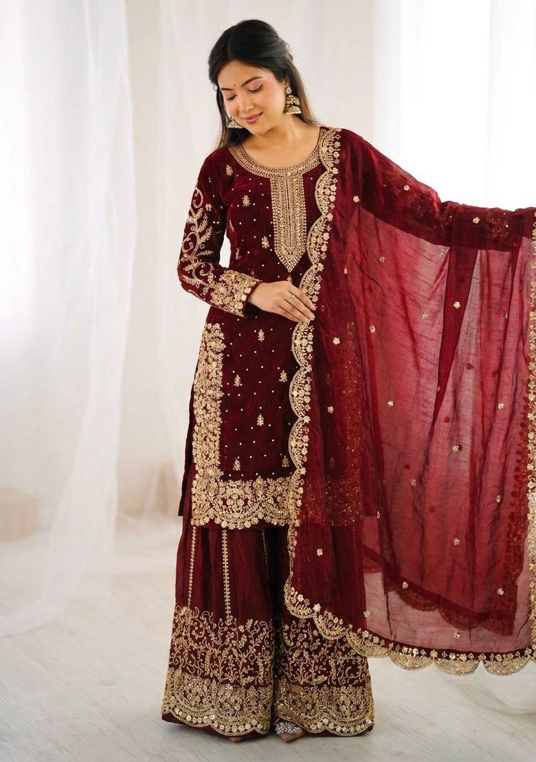 maroon Zari Work Fendy Silk Blend Salwar Suit - Indya