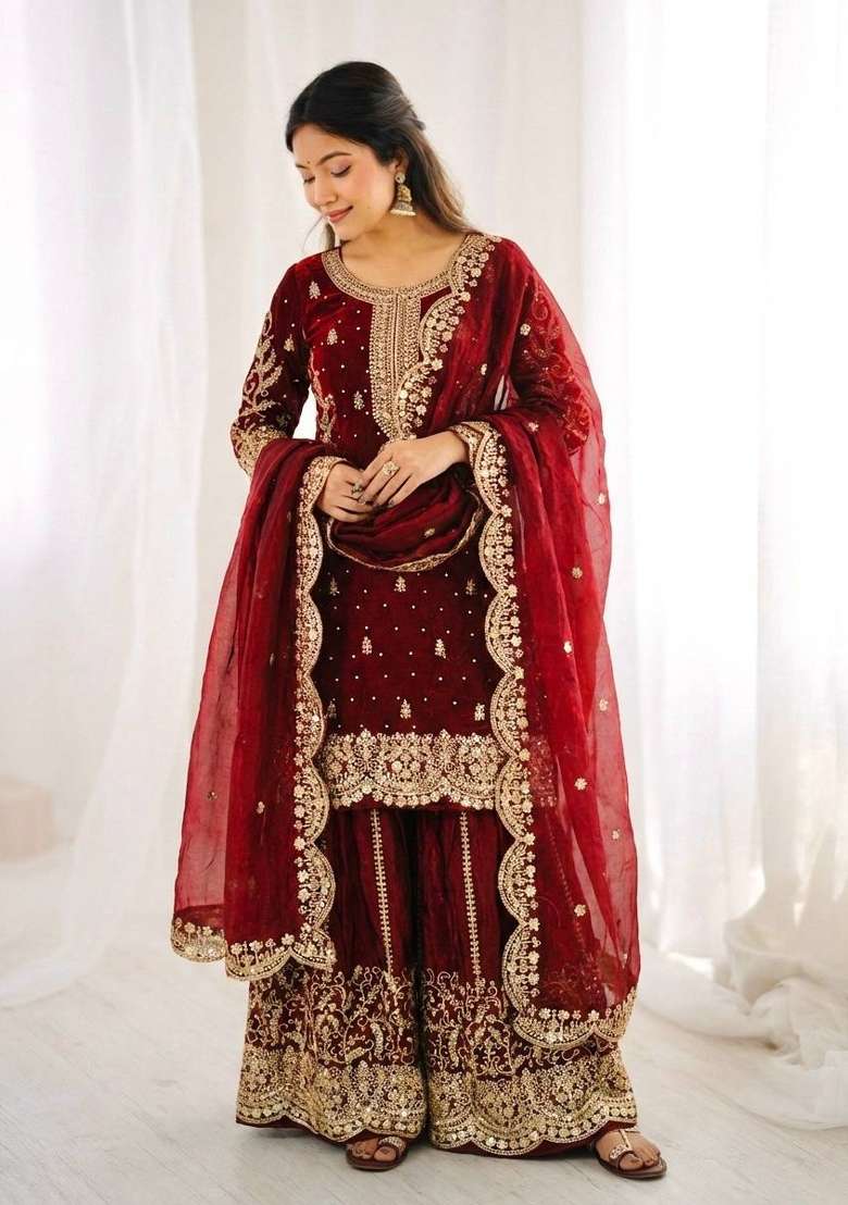maroon Zari Work Fendy Silk Blend Salwar Suit - Indya
