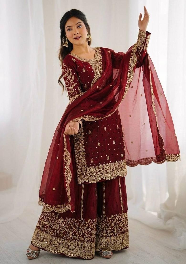 maroon Zari Work Fendy Silk Blend Salwar Suit - Indya