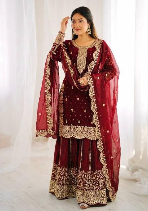 maroon Zari Work Fendy Silk Salwar Suit