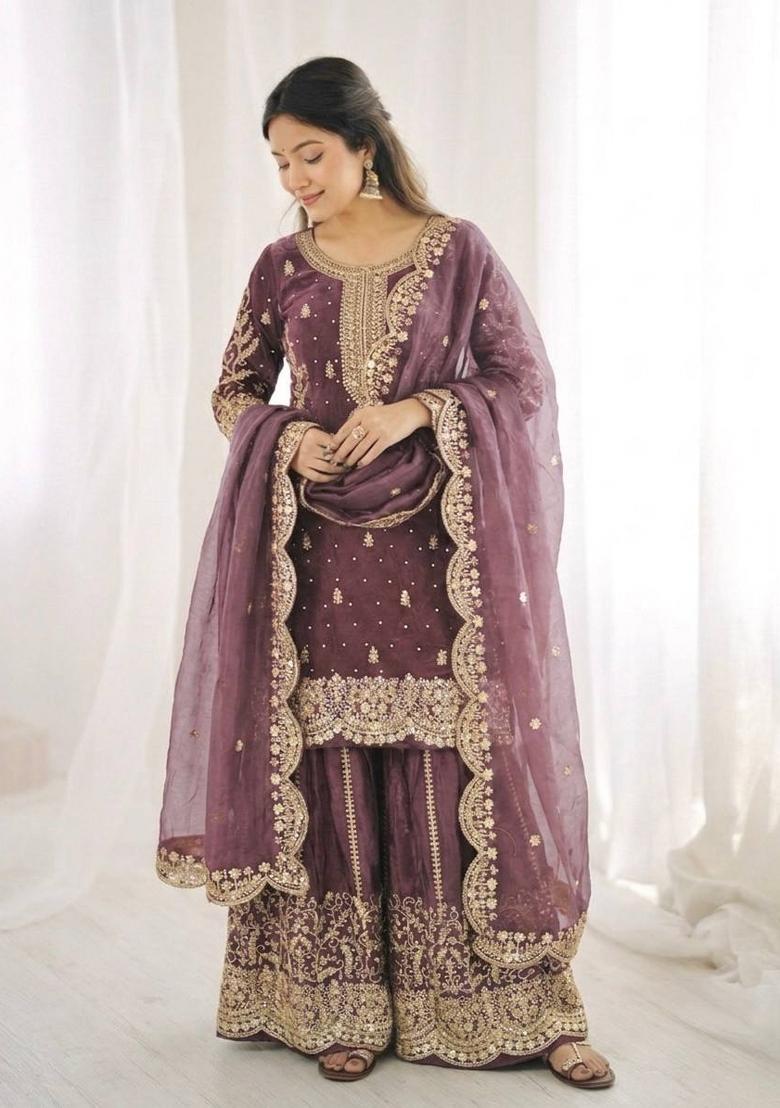 Onion Zari Work Fendy Silk Blend Salwar Suit - Indya