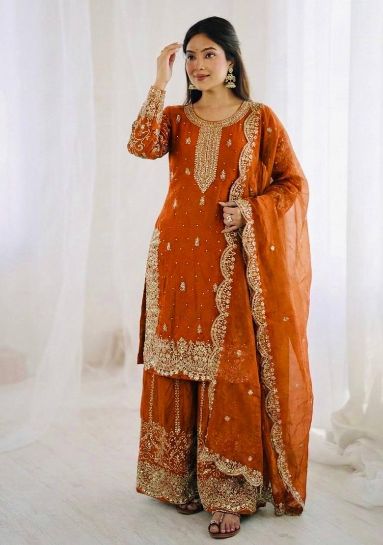Orange Zari Work Fendy Silk Blend Salwar Suit - Indya