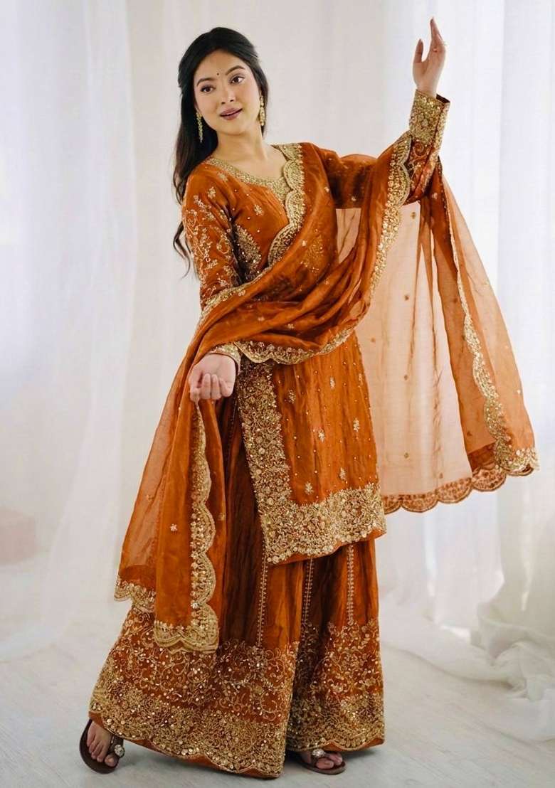 Orange Zari Work Fendy Silk Blend Salwar Suit - Indya