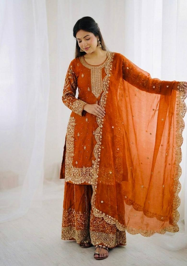 Orange Zari Work Fendy Silk Blend Salwar Suit - Indya