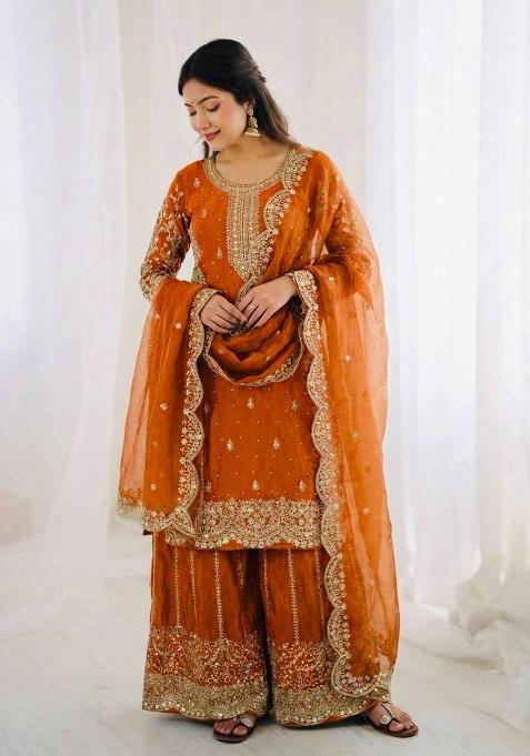 Orange Zari Work Fendy Silk Salwar Suit