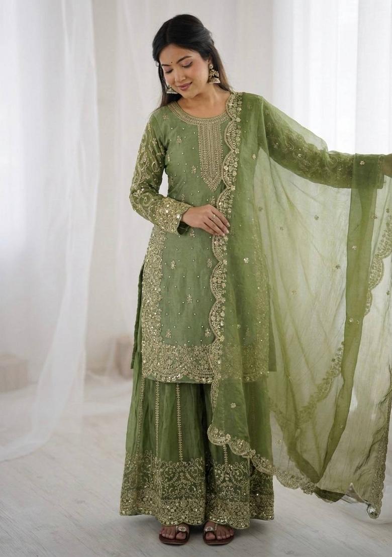 Parrot Green Zari Work Fendy Silk Blend Salwar Suit - Indya