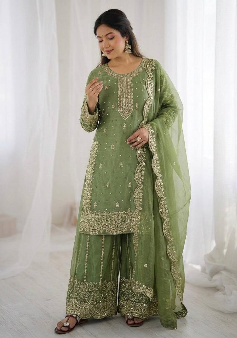 Parrot Green Zari Work Fendy Silk Blend Salwar Suit - Indya