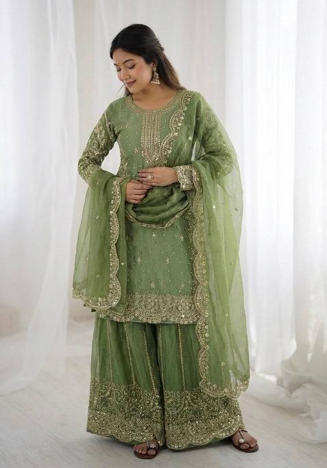 Parrot Green Zari Work Fendy Silk Salwar Suit