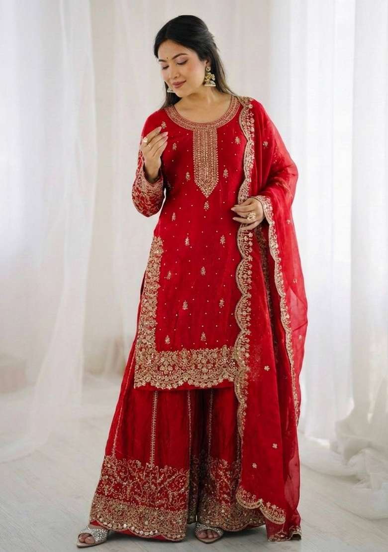 Red Zari Work Fendy Silk Blend Salwar Suit - Indya