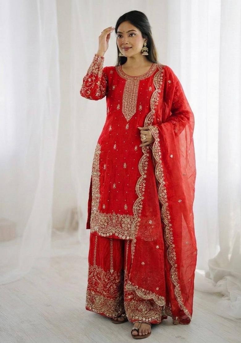 Red Zari Work Fendy Silk Blend Salwar Suit - Indya
